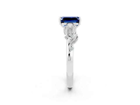 White gold Emerald Cut Blue Sapphire Solitaire Ring with Leaf Motif Band and Four-Prong Setting_2
