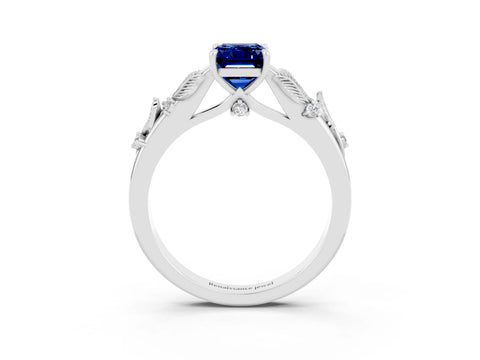 White gold Emerald Cut Blue Sapphire Solitaire Ring with Leaf Motif Band and Four-Prong Setting_3