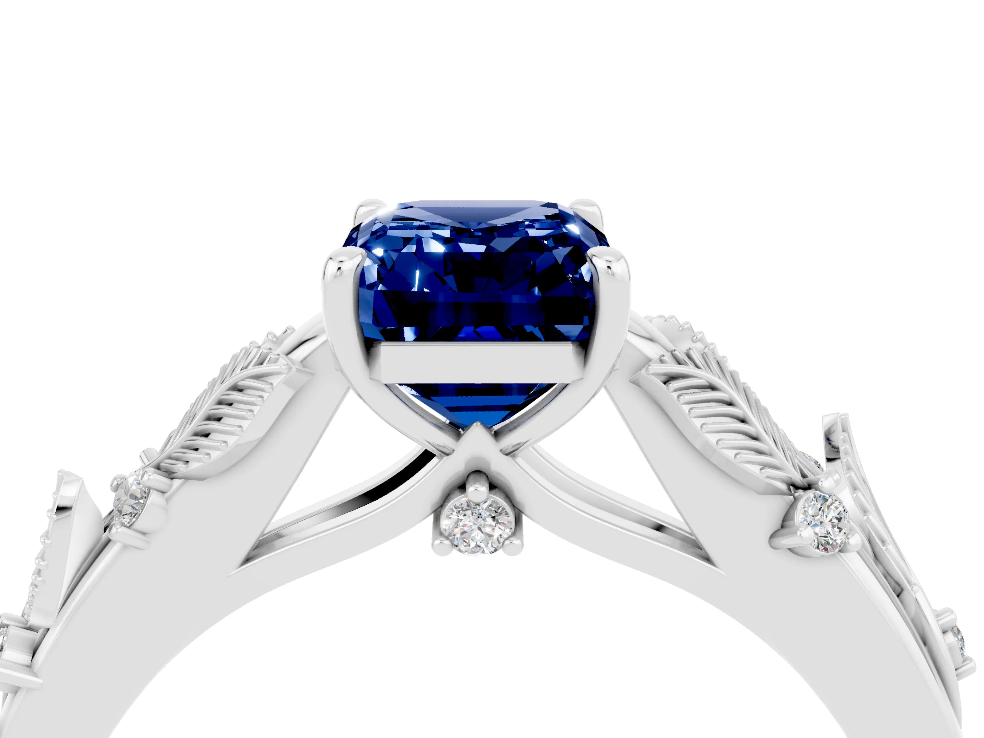 White gold Emerald Cut Blue Sapphire Solitaire Ring with Leaf Motif Band and Four-Prong Setting_4