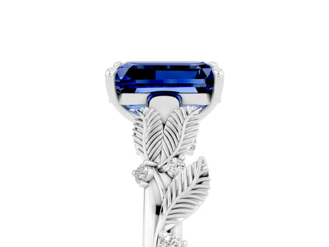 White gold Emerald Cut Blue Sapphire Solitaire Ring with Leaf Motif Band and Four-Prong Setting_5