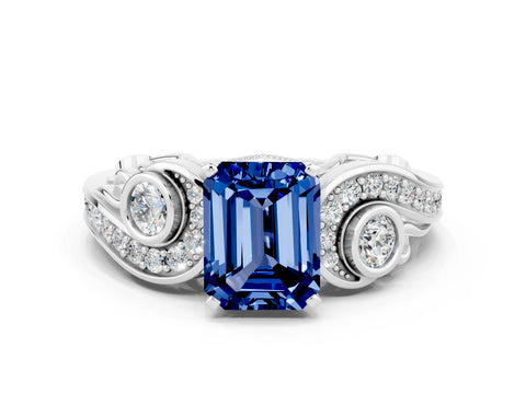 White gold Emerald Cut Blue Sapphire Solitaire Ring with Milgrain Pavé Band and Four-Prong Setting_12