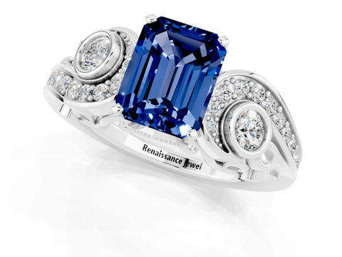 White gold Emerald Cut Blue Sapphire Solitaire Ring with Milgrain Pavé Band and Four-Prong Setting_13