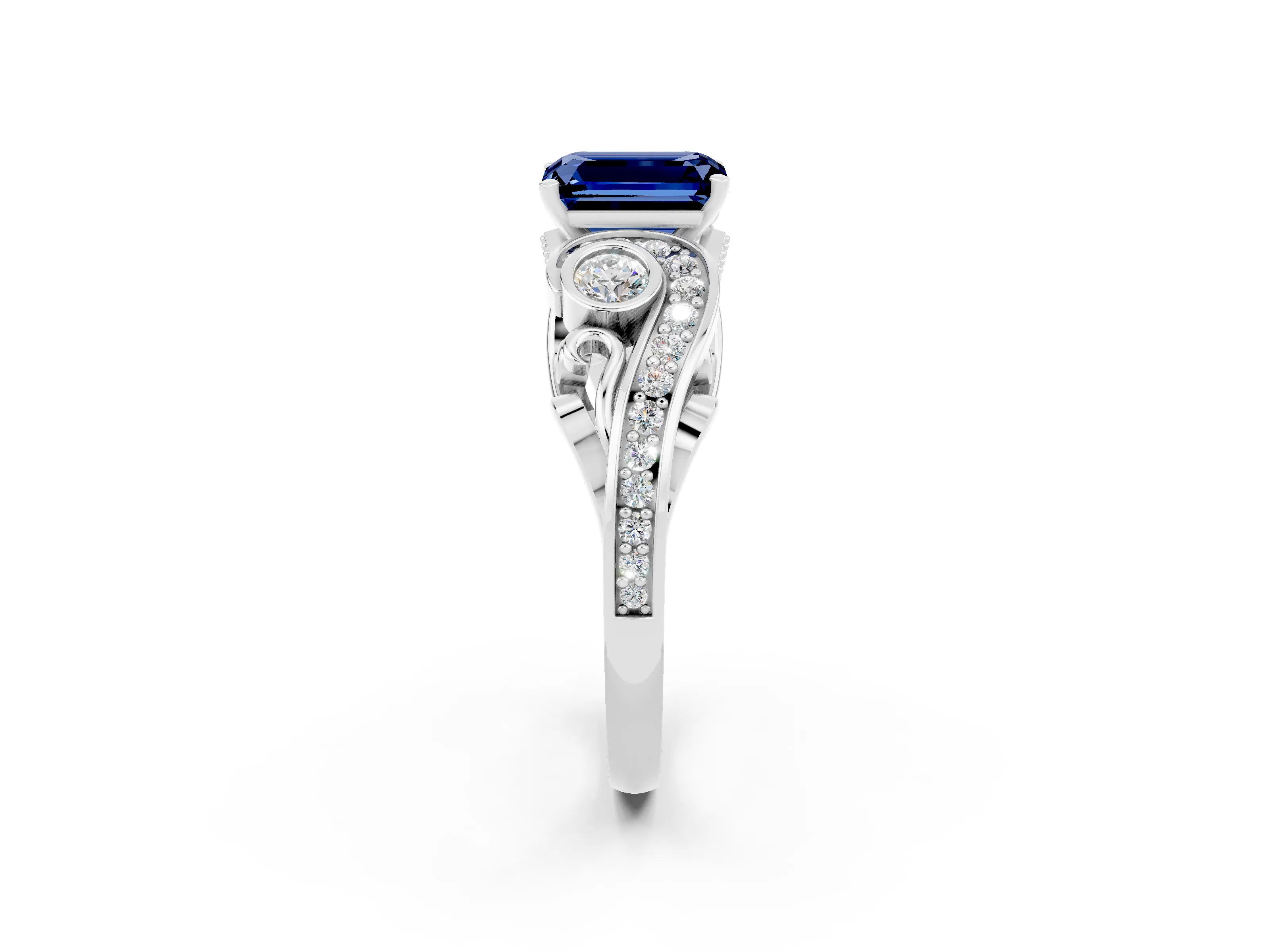 White gold Emerald Cut Blue Sapphire Solitaire Ring with Milgrain Pavé Band and Four-Prong Setting_14