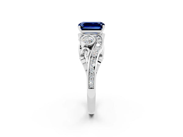 Silver Emerald Cut Blue Sapphire Solitaire Ring with Milgrain Pavé Band and Four-Prong Setting