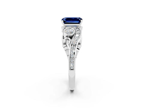 White gold Emerald Cut Blue Sapphire Solitaire Ring with Milgrain Pavé Band and Four-Prong Setting_14