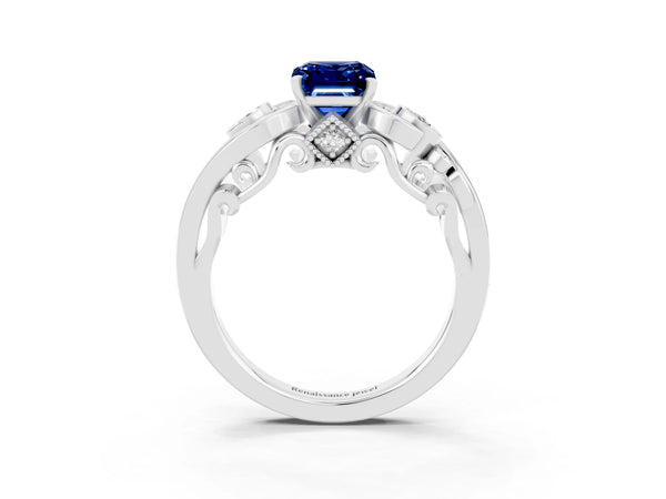 Platinum Emerald Cut Blue Sapphire Solitaire Ring with Milgrain Pavé Band and Four-Prong Setting