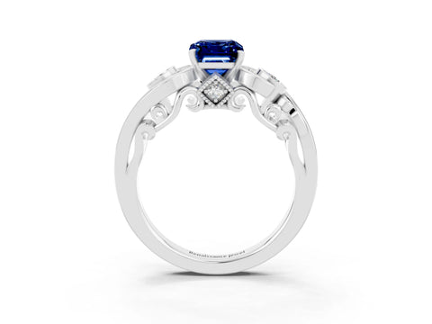 White gold Emerald Cut Blue Sapphire Solitaire Ring with Milgrain Pavé Band and Four-Prong Setting_15