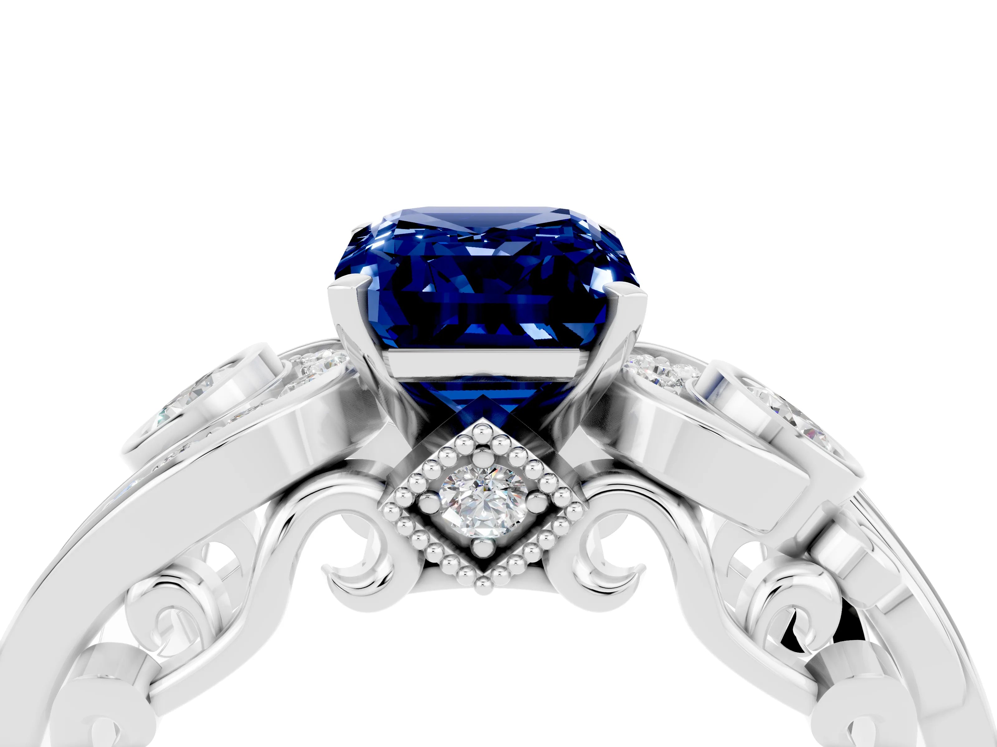 White gold Emerald Cut Blue Sapphire Solitaire Ring with Milgrain Pavé Band and Four-Prong Setting_16