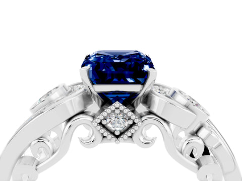 White gold Emerald Cut Blue Sapphire Solitaire Ring with Milgrain Pavé Band and Four-Prong Setting_16
