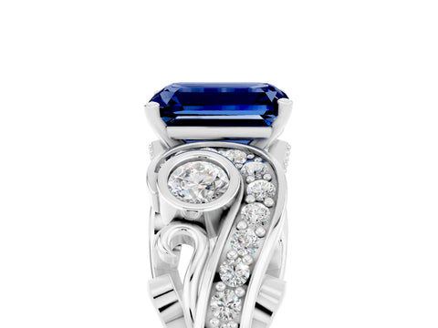 White gold Emerald Cut Blue Sapphire Solitaire Ring with Milgrain Pavé Band and Four-Prong Setting_17