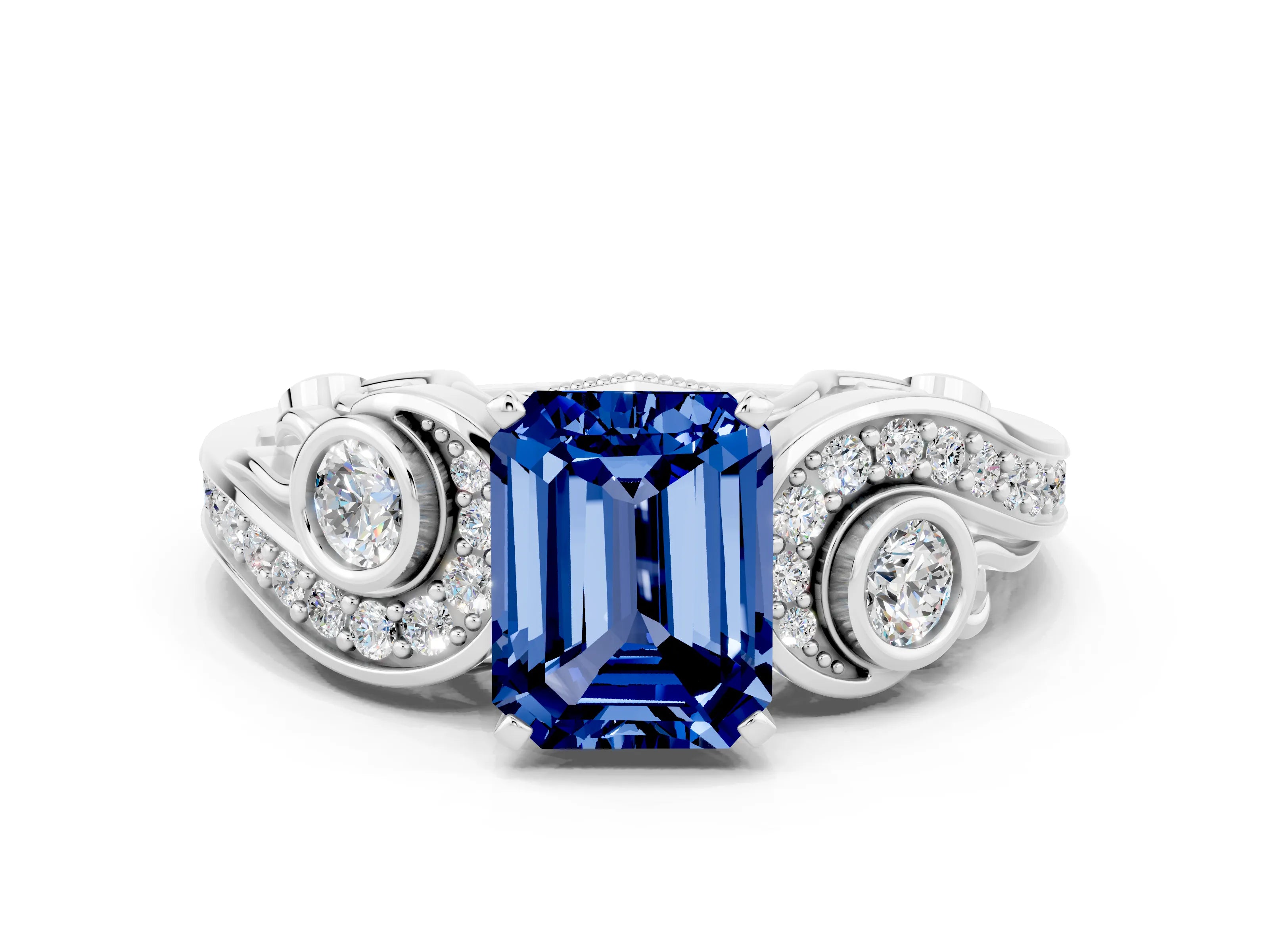 White gold Emerald Cut Blue Sapphire Solitaire Ring with Milgrain Pavé Band and Four-Prong Setting_48