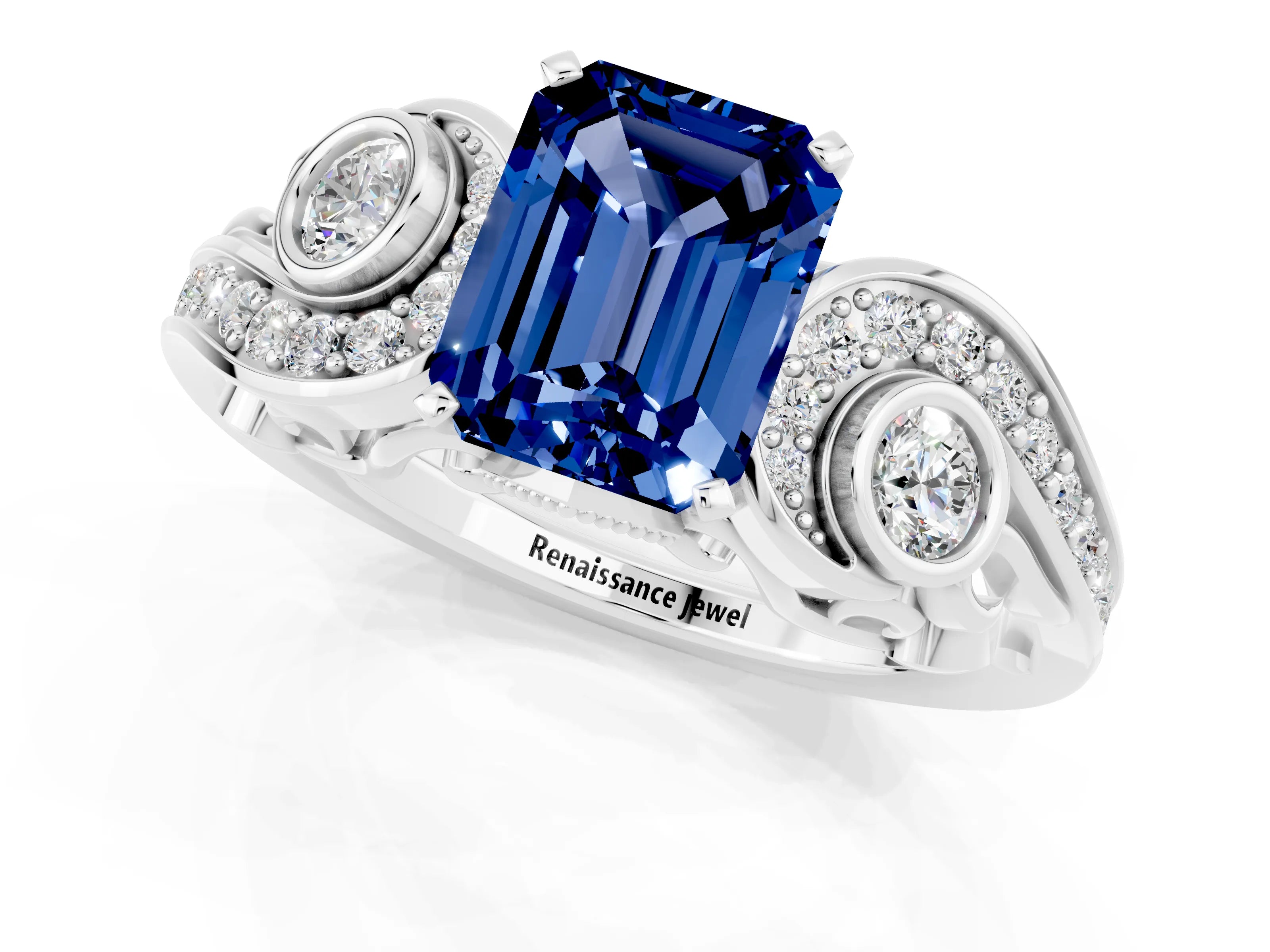 White gold Emerald Cut Blue Sapphire Solitaire Ring with Milgrain Pavé Band and Four-Prong Setting_49