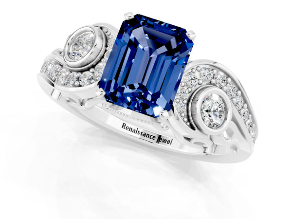 White gold Emerald Cut Blue Sapphire Solitaire Ring with Milgrain Pavé Band and Four-Prong Setting