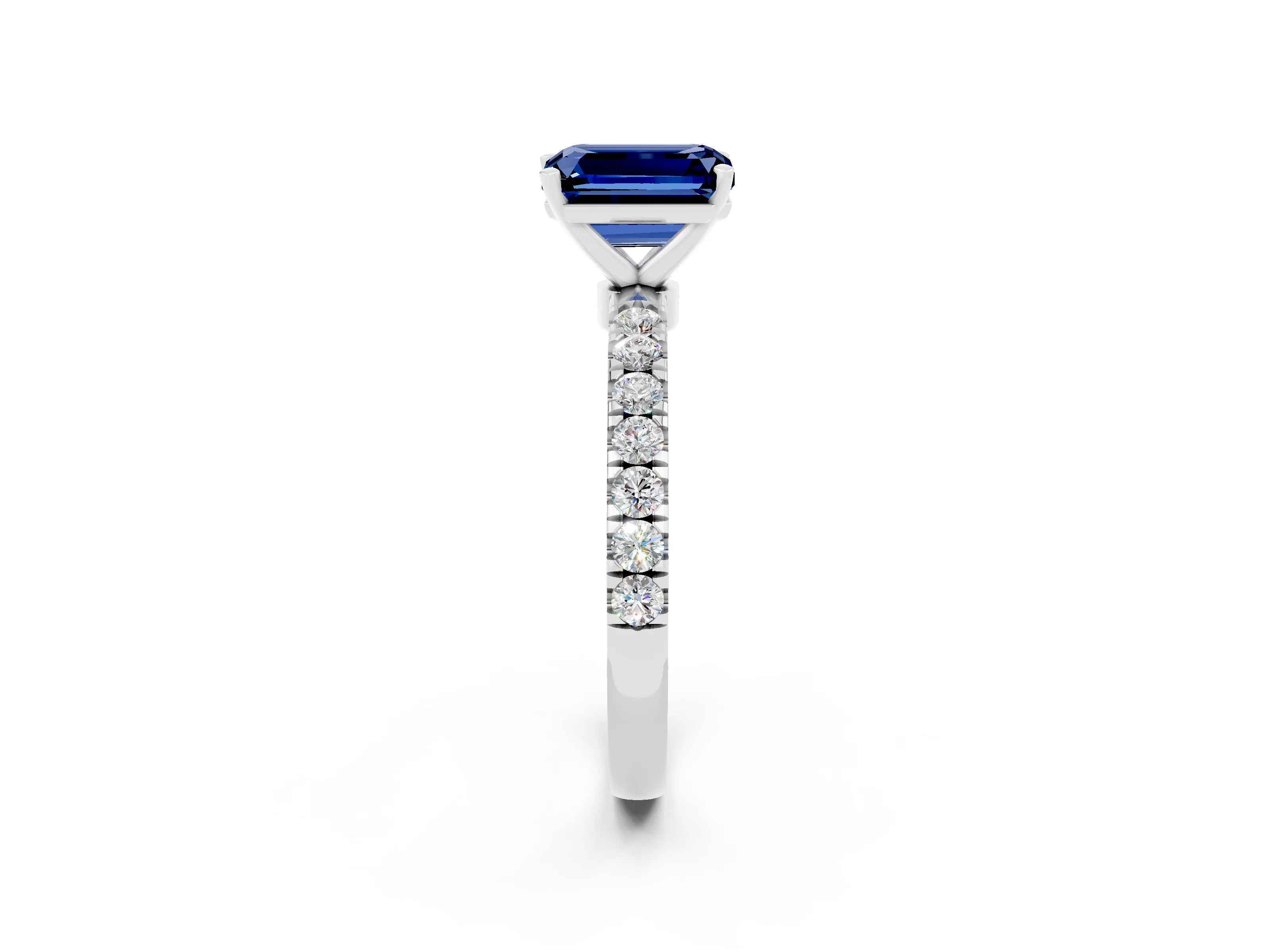 White gold Emerald Cut Blue Sapphire Solitaire Ring with Pavé Accents and Four-Prong Setting_2