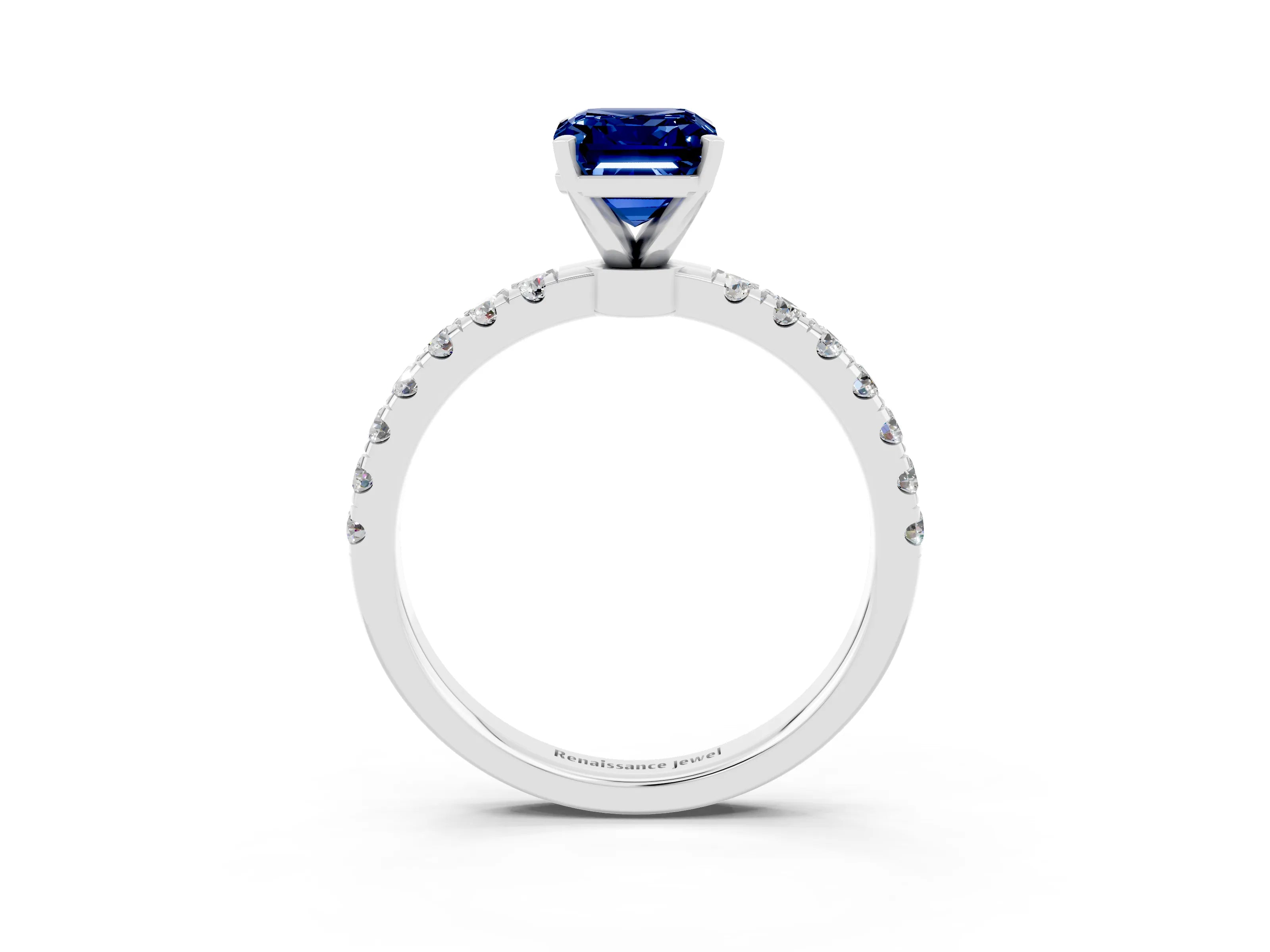 White gold Emerald Cut Blue Sapphire Solitaire Ring with Pavé Accents and Four-Prong Setting_3