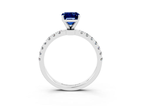 White gold Emerald Cut Blue Sapphire Solitaire Ring with Pavé Accents and Four-Prong Setting_3