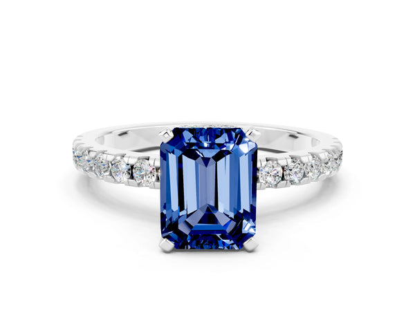 Silver Emerald Cut Blue Sapphire Solitaire Ring with Round  Pavé Band and Four-Prong Setting