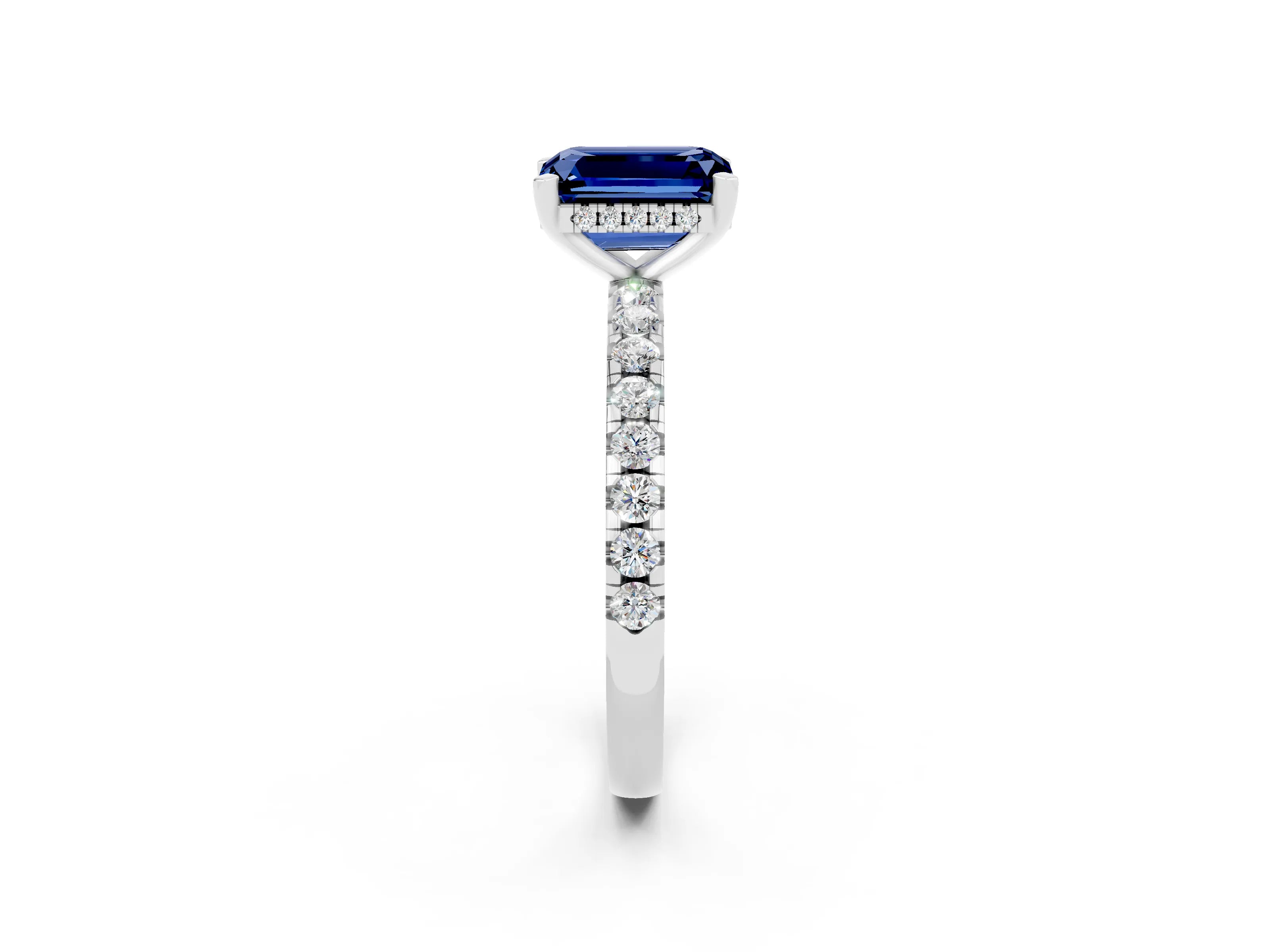 White gold Emerald Cut Blue Sapphire Solitaire Ring with Pavé Band and Four-Prong Setting_26