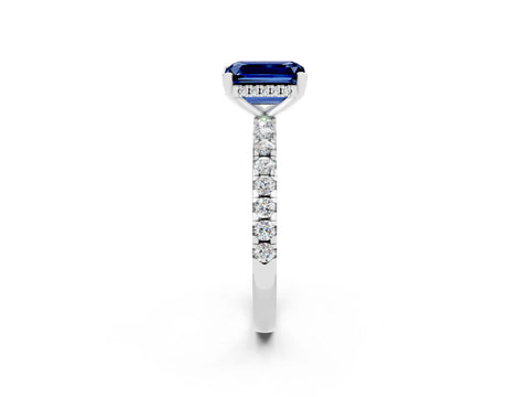 White gold Emerald Cut Blue Sapphire Solitaire Ring with Pavé Band and Four-Prong Setting_26