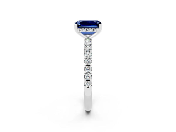 White gold Emerald Cut Blue Sapphire Solitaire Ring with Round  Pavé Band and Four-Prong Setting