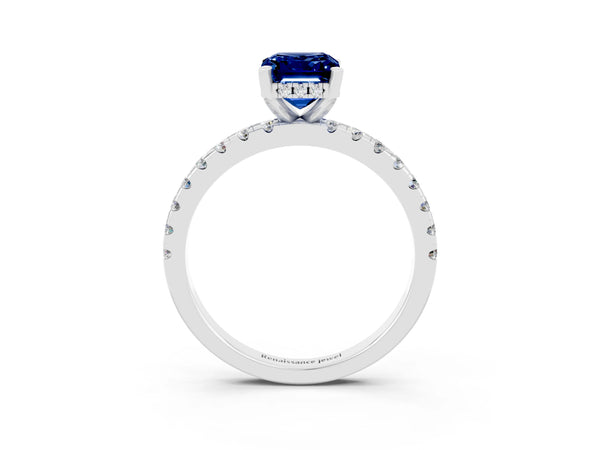 White gold Emerald Cut Blue Sapphire Solitaire Ring with Round  Pavé Band and Four-Prong Setting