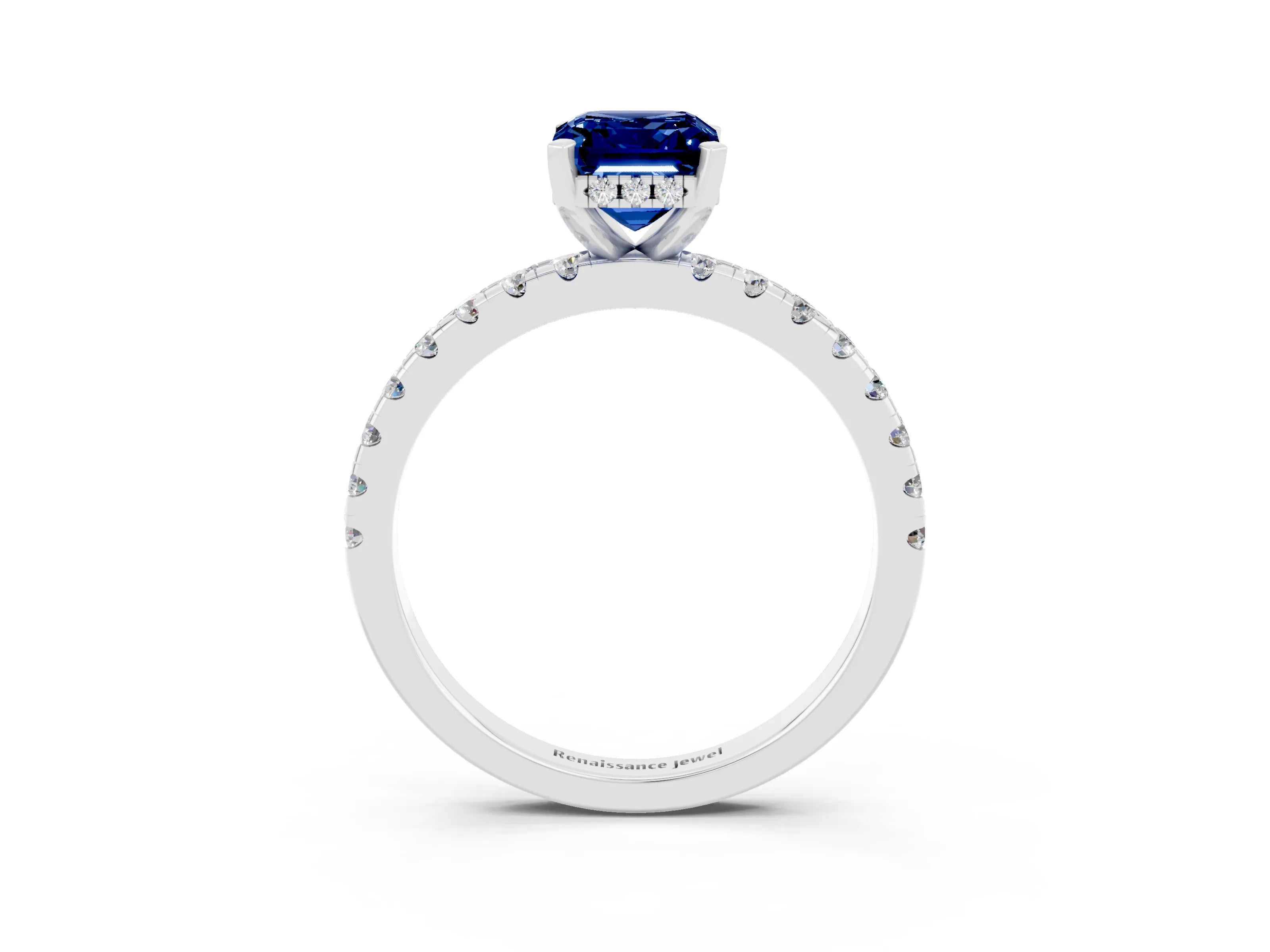 White gold Emerald Cut Blue Sapphire Solitaire Ring with Pavé Band and Four-Prong Setting_27