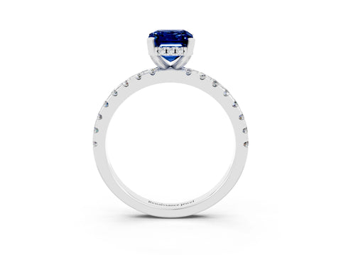 White gold Emerald Cut Blue Sapphire Solitaire Ring with Pavé Band and Four-Prong Setting_27