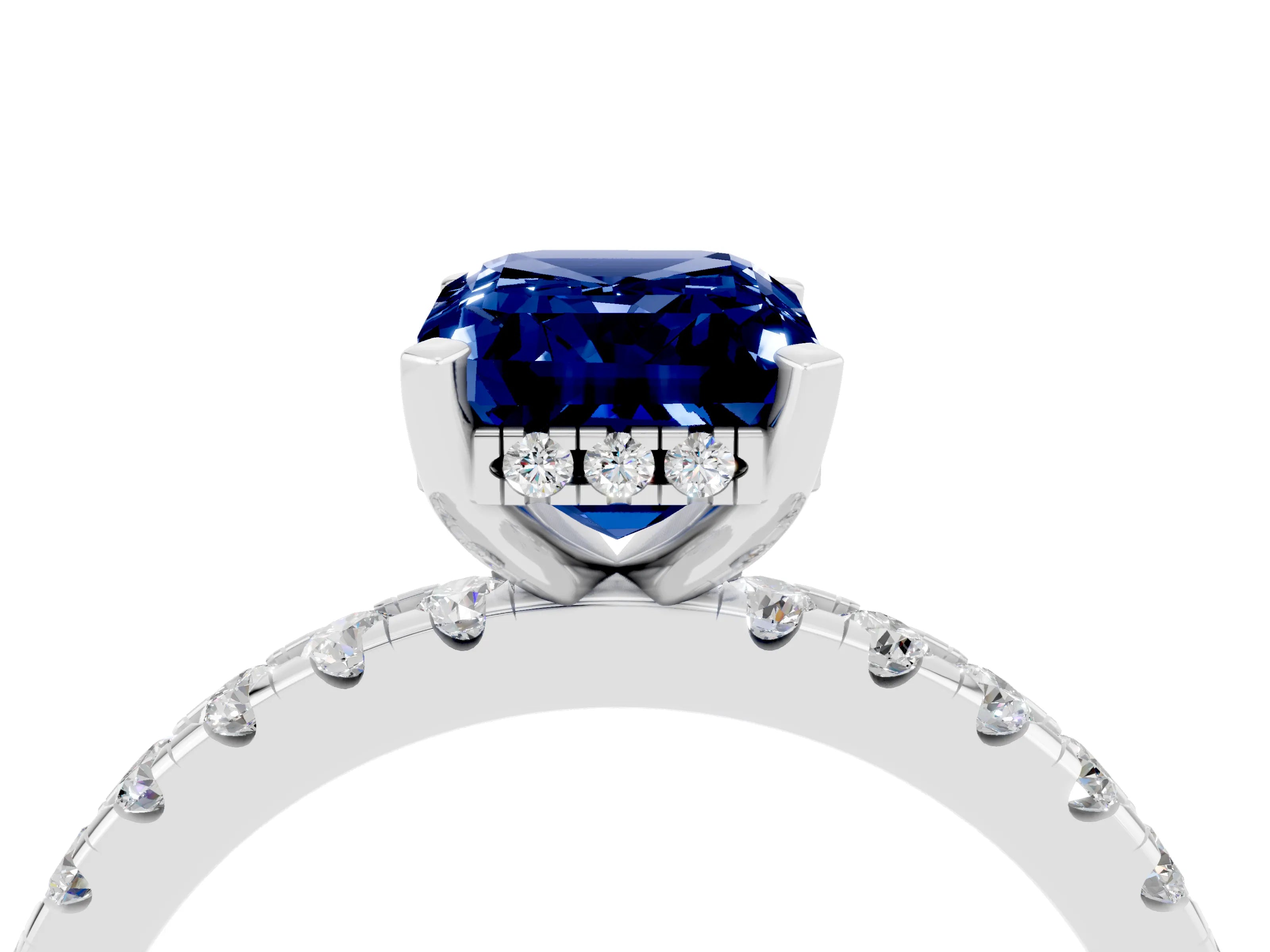 White gold Emerald Cut Blue Sapphire Solitaire Ring with Pavé Band and Four-Prong Setting_28