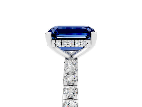 White gold Emerald Cut Blue Sapphire Solitaire Ring with Pavé Band and Four-Prong Setting_29