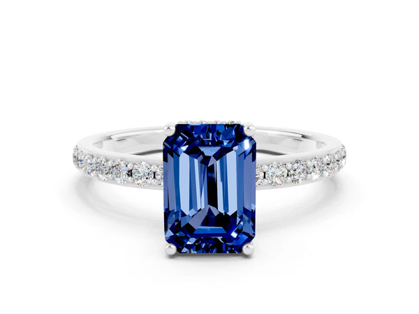 Silver Emerald Cut Blue Sapphire Solitaire Ring with Pavé Band and Hidden Halo