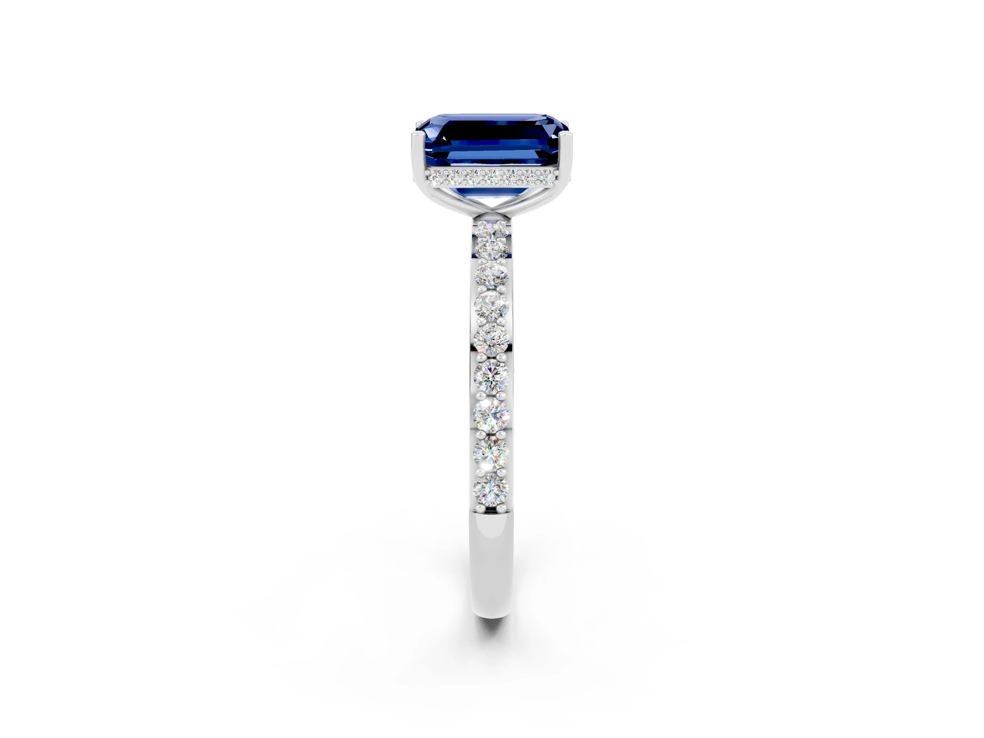 White gold Emerald Cut Blue Sapphire Solitaire Ring with Pavé Band and Hidden Halo_20