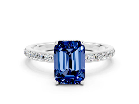 White gold Emerald Cut Blue Sapphire Solitaire Ring with Pavé Band and Hidden Halo_23