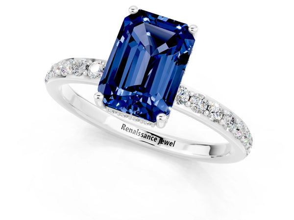 Platinum Emerald Cut Blue Sapphire Solitaire Ring with Pavé Band and Hidden Halo