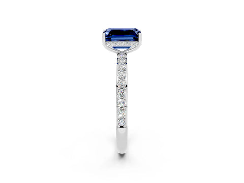 White gold Emerald Cut Blue Sapphire Solitaire Ring with Pavé Band and Hidden Halo_25