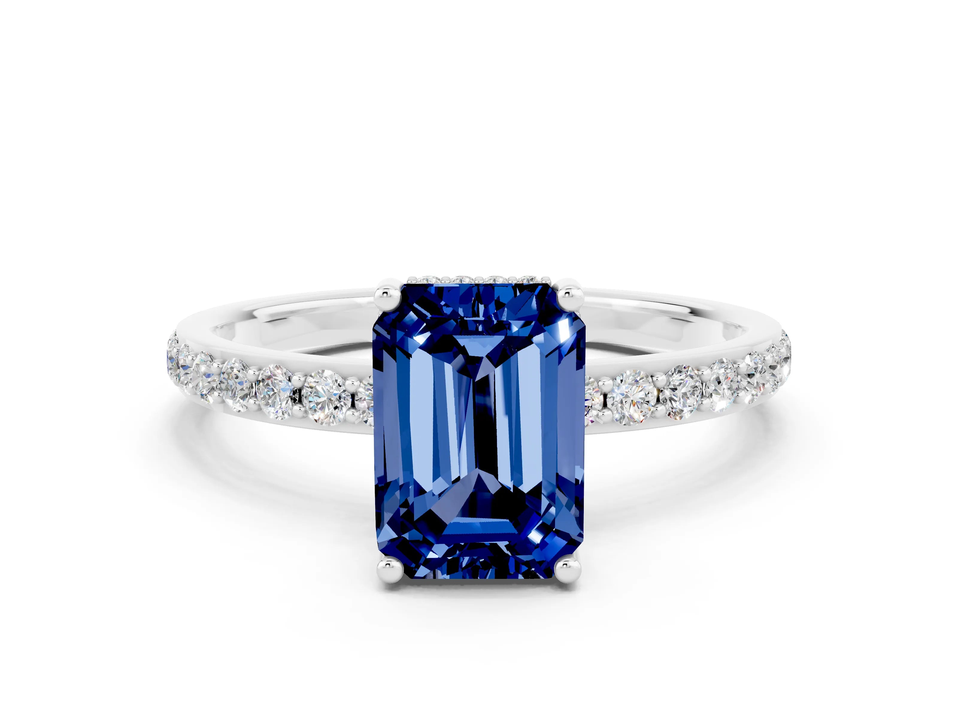 White gold Emerald Cut Blue Sapphire Solitaire Ring with Pavé Band and Hidden Halo_42