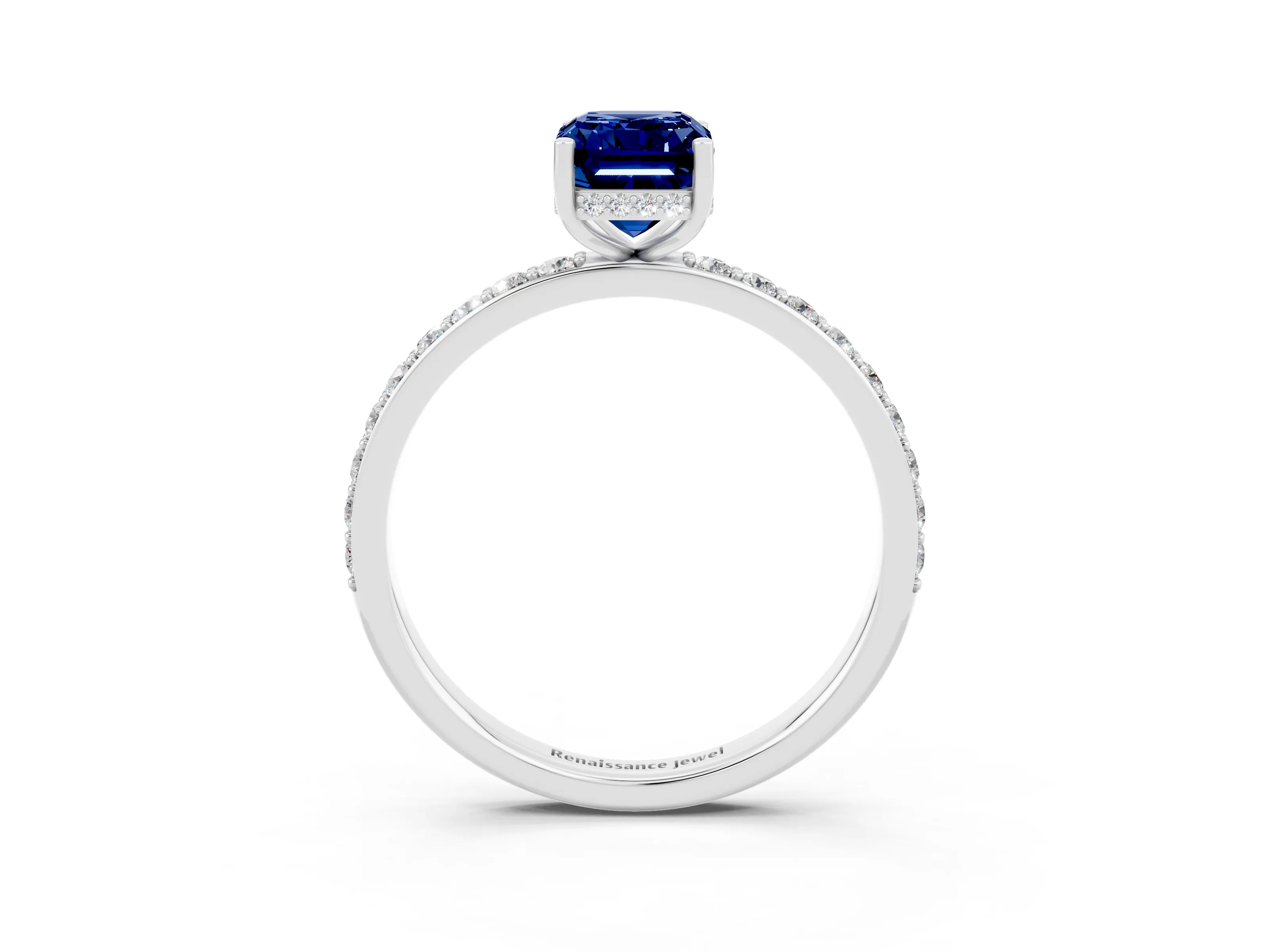 White gold Emerald Cut Blue Sapphire Solitaire Ring with Pavé Band and Hidden Halo_45
