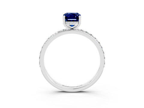 White gold Emerald Cut Blue Sapphire Solitaire Ring with Pavé Band and Hidden Halo_45