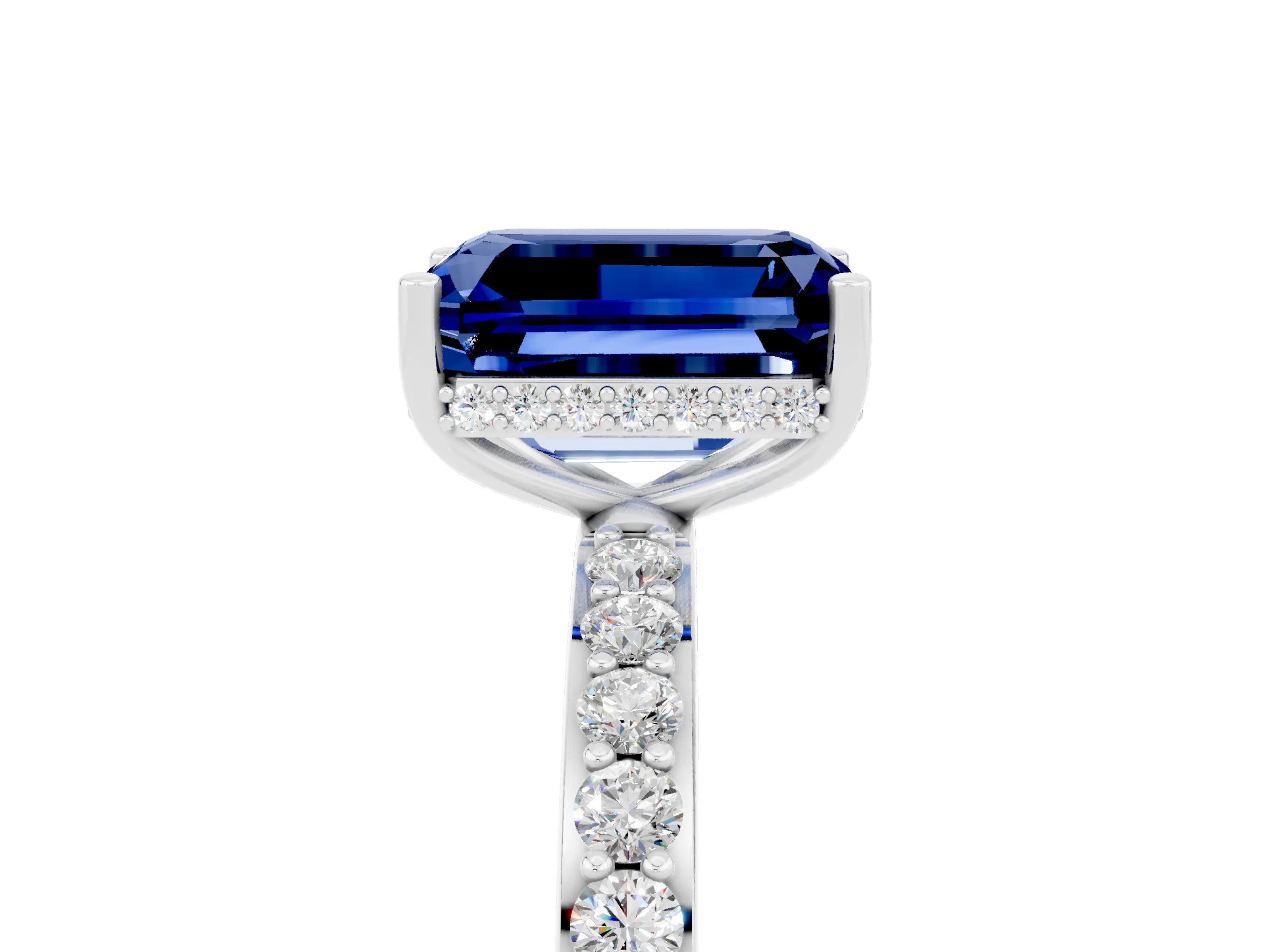 White gold Emerald Cut Blue Sapphire Solitaire Ring with Pavé Band and Hidden Halo_47