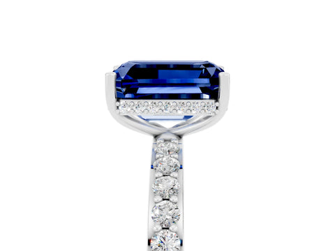 White gold Emerald Cut Blue Sapphire Solitaire Ring with Pavé Band and Hidden Halo_47