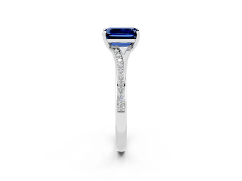White gold Emerald Cut Blue Sapphire Solitaire Ring with Pavé Band and Prong Setting_26