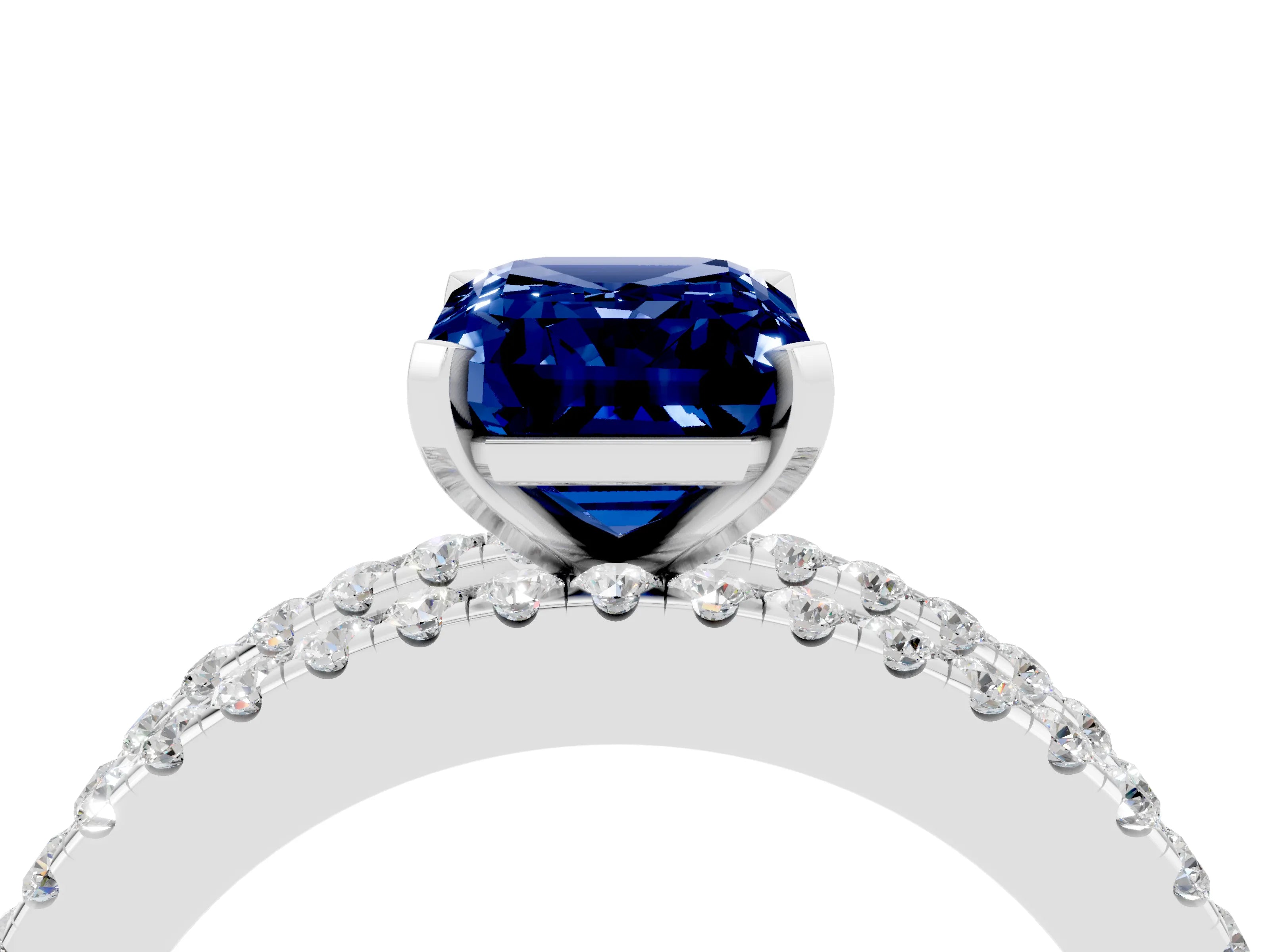 White gold Emerald Cut Blue Sapphire Solitaire Ring with Pavé and Channel Set Band_10