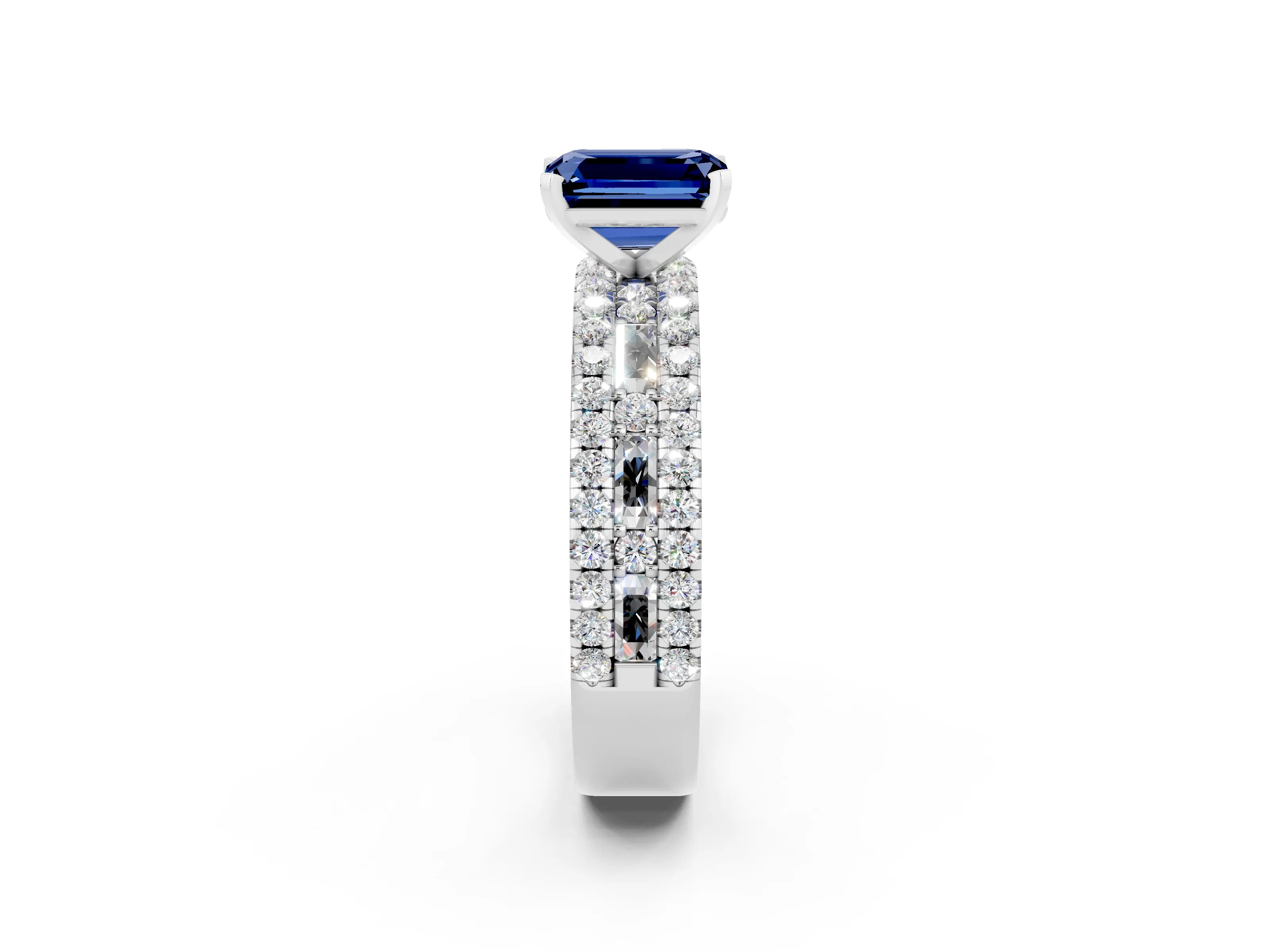 White gold Emerald Cut Blue Sapphire Solitaire Ring with Pavé and Channel Set Band_14