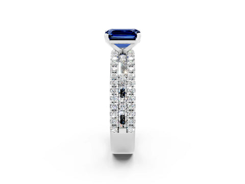White gold Emerald Cut Blue Sapphire Solitaire Ring with Pavé and Channel Set Band_14