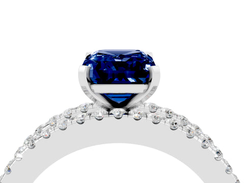White gold Emerald Cut Blue Sapphire Solitaire Ring with Pavé and Channel Set Band_16