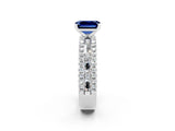 White gold Emerald Cut Blue Sapphire Solitaire Ring with Pavé and Channel Set Band_26