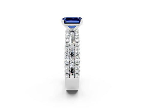 White gold Emerald Cut Blue Sapphire Solitaire Ring with Pavé and Channel Set Band_26