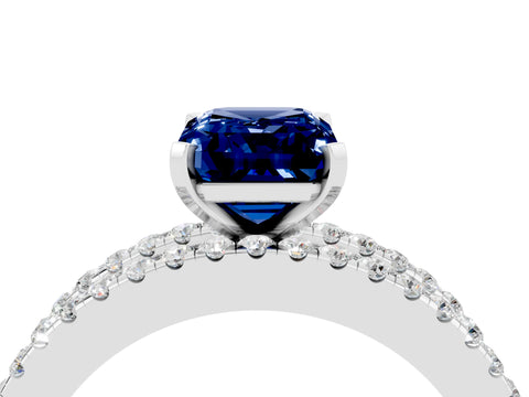 White gold Emerald Cut Blue Sapphire Solitaire Ring with Pavé and Channel Set Band_28
