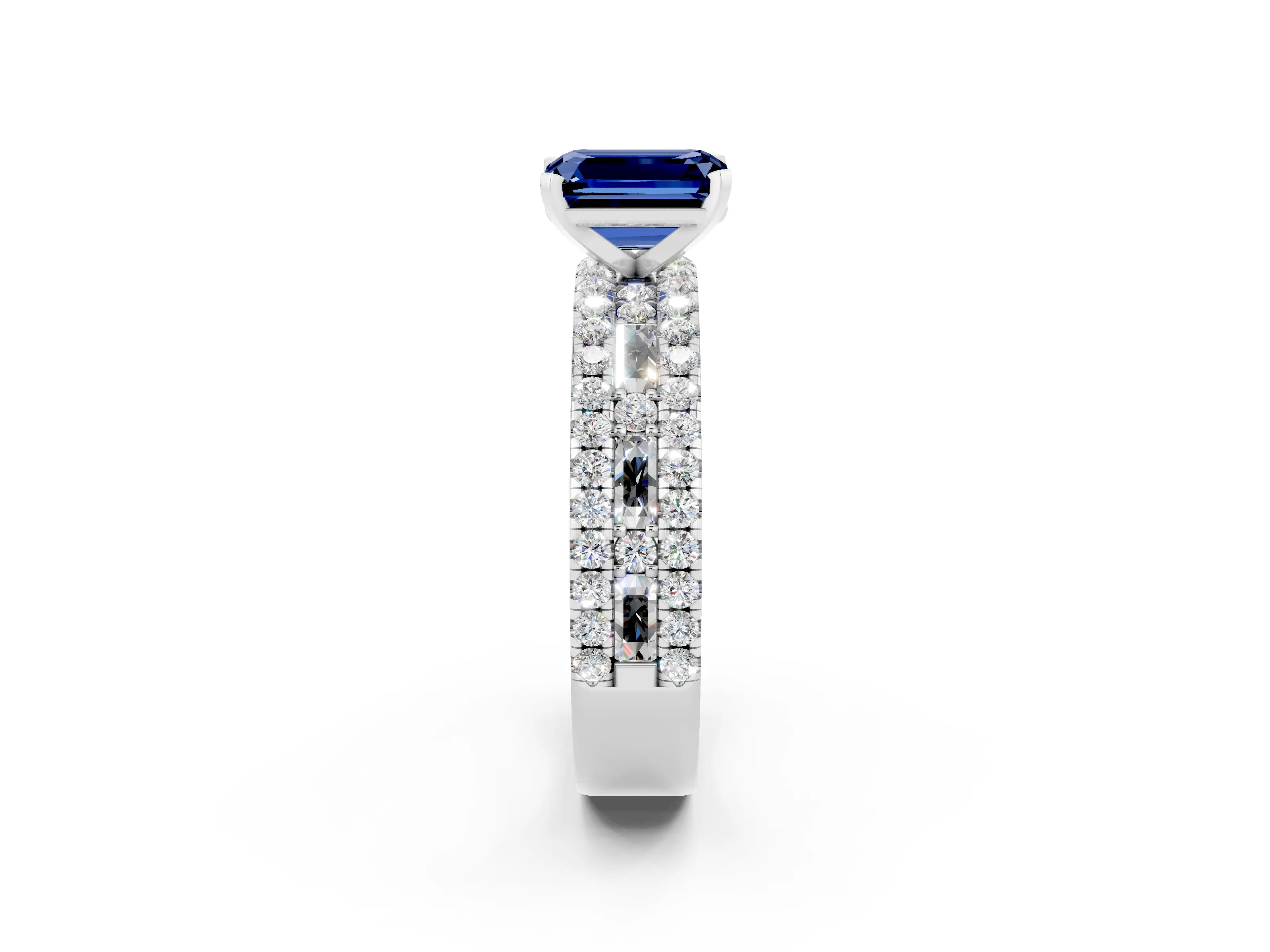 White gold Emerald Cut Blue Sapphire Solitaire Ring with Pavé and Channel Set Band_2