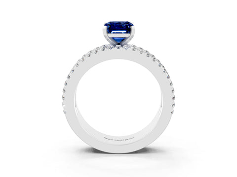 White gold Emerald Cut Blue Sapphire Solitaire Ring with Pavé and Channel Set Band_3