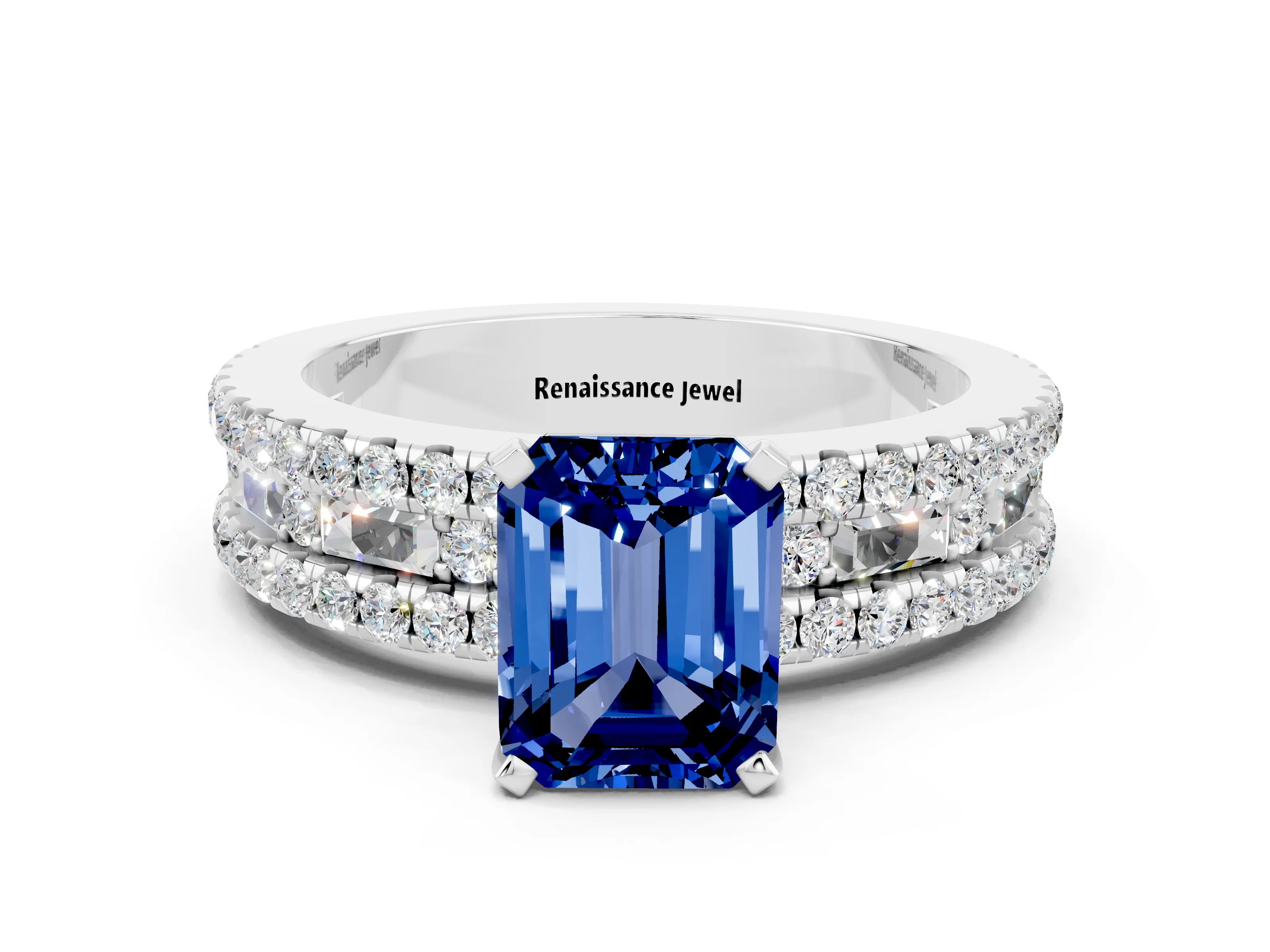 White gold Emerald Cut Blue Sapphire Solitaire Ring with Pavé and Channel Set Band_6